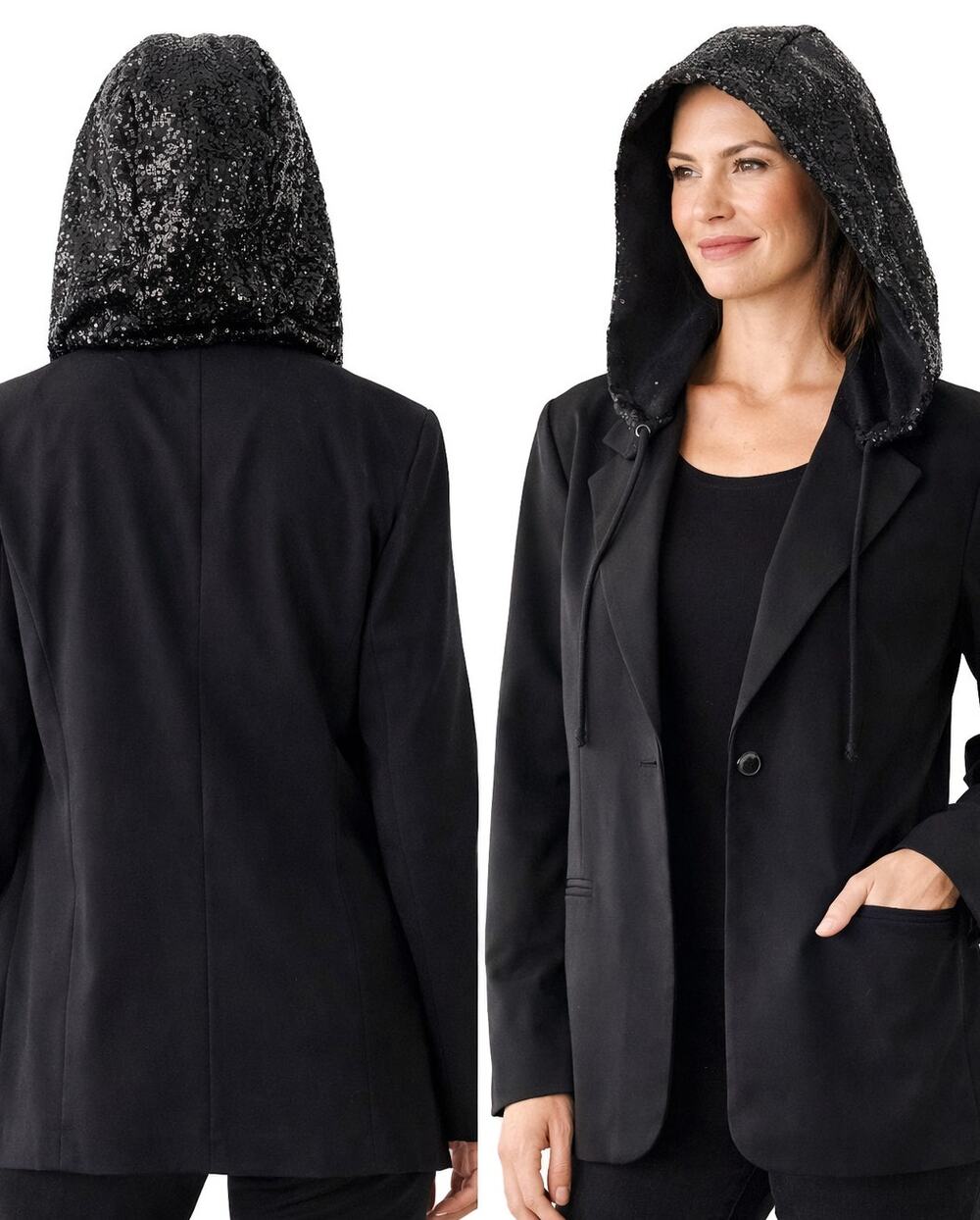 Belle by Kim Gravel Blazer Large Black Sequin Hooded Jacket Holiday Party